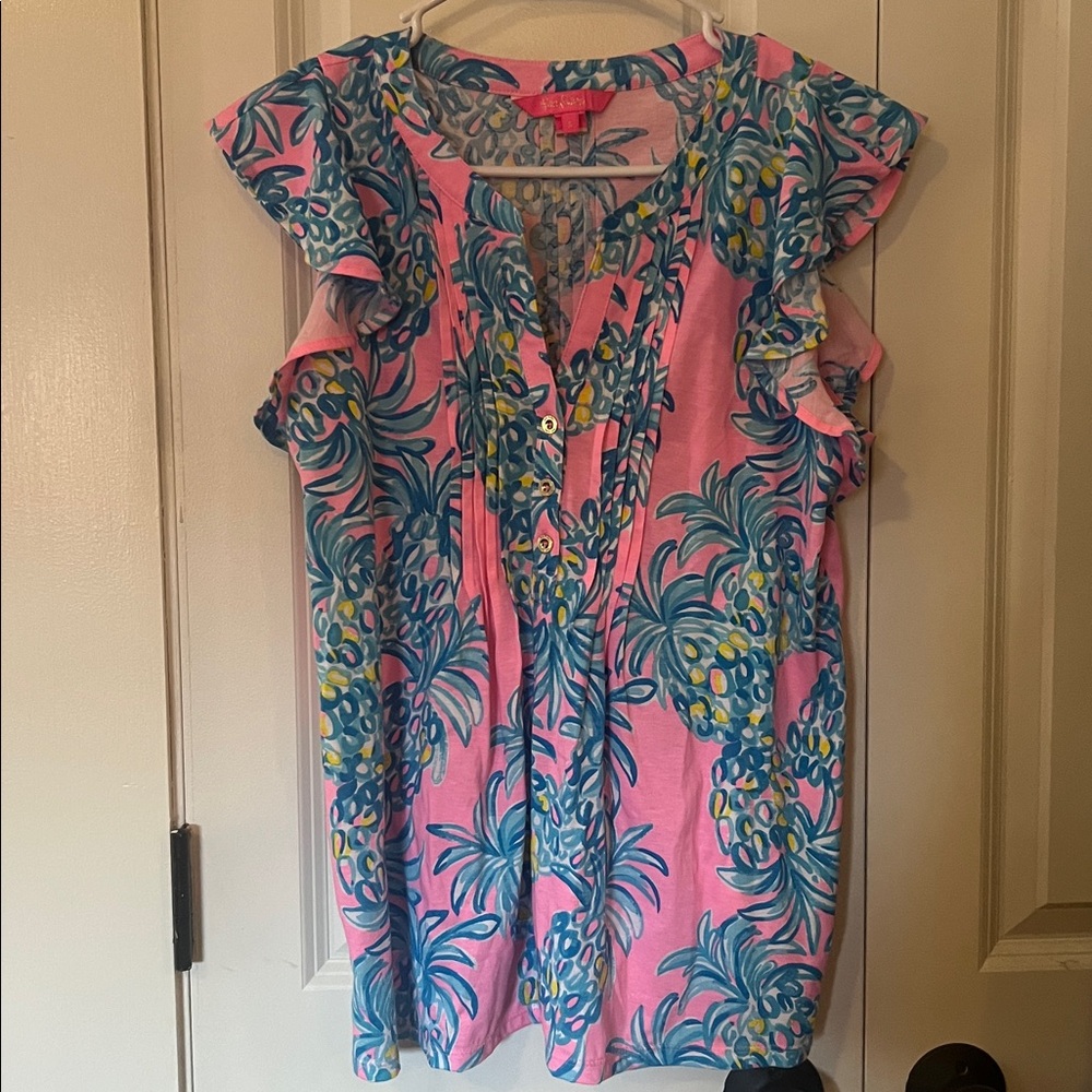 Lilly Pulitzer Pink Pineapple-Print Ruffle Sleeve Tunic